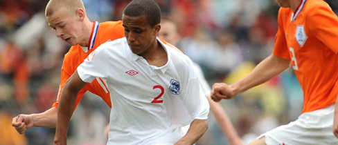 The England right-back battles for possesion against the Netherlands. (Image courtesy of UEFA)